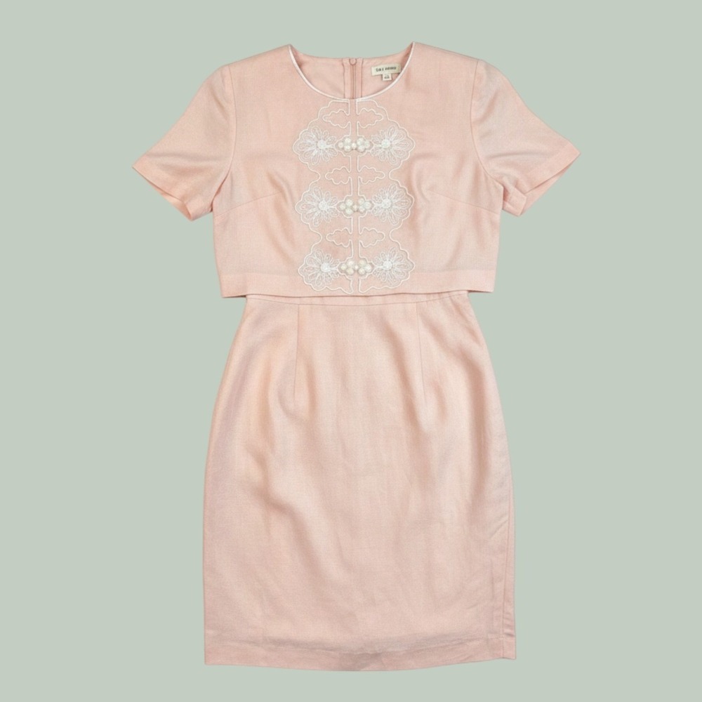 Vintage Plaza South Petites Dress Set Size 10 Peach Linen Rayon Soutache 90s